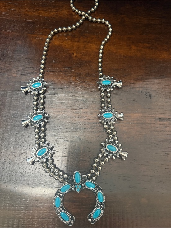 Jewelry - Turquoise colored Stone Squash Blossom Necklace - Silver Tone Women Jewelry
